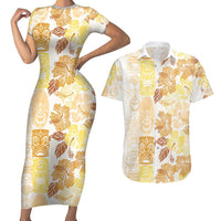 Christmas Aloha Hawaii Tiki Couples Matching Short Sleeve Bodycon Dress and Hawaiian Shirt Hibiscus Autumn Colors LT7 Yellow - Polynesian Pride