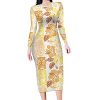 Christmas Aloha Hawaii Tiki Family Matching Long Sleeve Bodycon Dress and Hawaiian Shirt Hibiscus Autumn Colors LT7 Mom's Dress Yellow - Polynesian Pride