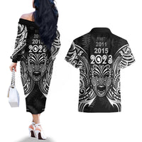 New Zealand Rugby Couples Matching Off The Shoulder Long Sleeve Dress and Hawaiian Shirt 2023 World Cup Aotearoa Haka Face LT7 - Polynesian Pride