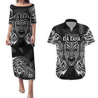 New Zealand Rugby Couples Matching Puletasi Dress and Hawaiian Shirt 2023 World Cup Aotearoa Haka Face LT7 Black - Polynesian Pride