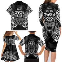 New Zealand Rugby Family Matching Long Sleeve Bodycon Dress and Hawaiian Shirt 2023 World Cup Aotearoa Haka Face LT7 - Polynesian Pride