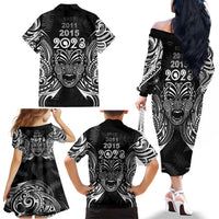 New Zealand Rugby Family Matching Off Shoulder Long Sleeve Dress and Hawaiian Shirt 2023 World Cup Aotearoa Haka Face LT7 - Polynesian Pride