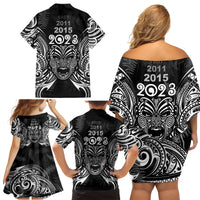 New Zealand Rugby Family Matching Off Shoulder Short Dress and Hawaiian Shirt 2023 World Cup Aotearoa Haka Face LT7 - Polynesian Pride