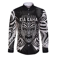 New Zealand Rugby Family Matching Puletasi Dress and Hawaiian Shirt 2023 World Cup Aotearoa Haka Face LT7 Dad's Shirt - Long Sleeve Black - Polynesian Pride