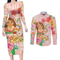 Aloha Hawaii Couples Matching Long Sleeve Bodycon Dress and Long Sleeve Button Shirt Kawaii Mele Kalikimaka - Pastel Fever LT7 Peach - Polynesian Pride