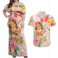 Aloha Hawaii Couples Matching Off Shoulder Maxi Dress and Hawaiian Shirt Kawaii Mele Kalikimaka - Pastel Fever LT7 Peach - Polynesian Pride