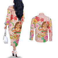Aloha Hawaii Couples Matching Off The Shoulder Long Sleeve Dress and Long Sleeve Button Shirt Kawaii Mele Kalikimaka - Pastel Fever LT7 - Polynesian Pride