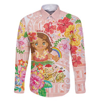 Aloha Hawaii Family Matching Long Sleeve Bodycon Dress and Hawaiian Shirt Kawaii Mele Kalikimaka - Pastel Fever LT7 Dad's Shirt - Long Sleeve Peach - Polynesian Pride