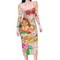 Aloha Hawaii Family Matching Long Sleeve Bodycon Dress and Hawaiian Shirt Kawaii Mele Kalikimaka - Pastel Fever LT7 Mom's Dress Peach - Polynesian Pride
