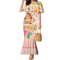 Aloha Hawaii Family Matching Mermaid Dress and Hawaiian Shirt Kawaii Mele Kalikimaka - Pastel Fever LT7 Mom's Dress Peach - Polynesian Pride