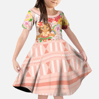 Aloha Hawaii Family Matching Off The Shoulder Long Sleeve Dress and Hawaiian Shirt Kawaii Mele Kalikimaka - Pastel Fever LT7 Daughter's Dress Peach - Polynesian Pride