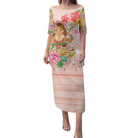 Aloha Hawaii Family Matching Puletasi and Hawaiian Shirt Kawaii Mele Kalikimaka - Pastel Fever LT7 Mom's Dress Peach - Polynesian Pride