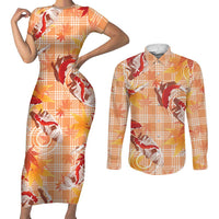 Orange Palaka Hawaii Aloha Couples Matching Short Sleeve Bodycon Dress and Long Sleeve Button Shirt Koi Pond Mix Japanese Maple - Polynesian Pride