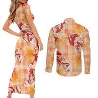 Orange Palaka Hawaii Aloha Couples Matching Short Sleeve Bodycon Dress and Long Sleeve Button Shirt Koi Pond Mix Japanese Maple - Polynesian Pride