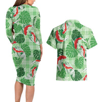 Lime Palaka Hawaii Aloha Couples Matching Long Sleeve Bodycon Dress and Hawaiian Shirt Koi Pond Mix Monstera LT7 - Polynesian Pride