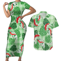 Lime Palaka Hawaii Aloha Couples Matching Short Sleeve Bodycon Dress and Hawaiian Shirt Koi Pond Mix Monstera - Polynesian Pride