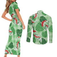 Lime Palaka Hawaii Aloha Couples Matching Short Sleeve Bodycon Dress and Long Sleeve Button Shirt Koi Pond Mix Monstera - Polynesian Pride