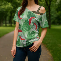 Lime Palaka Hawaii Aloha Cross Shoulder Shirt Koi Pond Mix Monstera - Polynesian Pride
