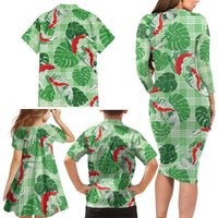 Lime Palaka Hawaii Aloha Family Matching Long Sleeve Bodycon Dress and Hawaiian Shirt Koi Pond Mix Monstera LT7 - Polynesian Pride