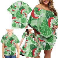 Lime Palaka Hawaii Aloha Family Matching Off Shoulder Short Dress and Hawaiian Shirt Koi Pond Mix Monstera LT7 - Polynesian Pride