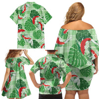 Lime Palaka Hawaii Aloha Family Matching Off Shoulder Short Dress and Hawaiian Shirt Koi Pond Mix Monstera LT7 - Polynesian Pride