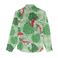 Lime Palaka Hawaii Aloha Women Casual Shirt Koi Pond Mix Monstera LT7 - Polynesian Pride
