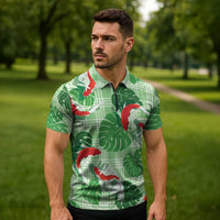 Lime Palaka Hawaii Aloha Zipper Polo Shirt Koi Pond Mix Monstera - Polynesian Pride