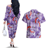Lavender Palaka Hawaii Aloha Couples Matching Off The Shoulder Long Sleeve Dress and Hawaiian Shirt Koi Pond Mix Orchids - Polynesian Pride