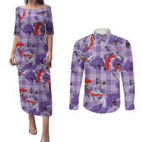 Lavender Palaka Hawaii Aloha Couples Matching Puletasi and Long Sleeve Button Shirt Koi Pond Mix Orchids - Polynesian Pride