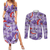 Lavender Palaka Hawaii Aloha Couples Matching Summer Maxi Dress and Long Sleeve Button Shirt Koi Pond Mix Orchids - Polynesian Pride