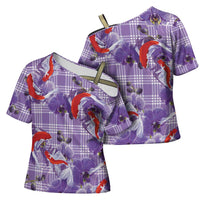 Lavender Palaka Hawaii Aloha Cross Shoulder Shirt Koi Pond Mix Orchids - Polynesian Pride