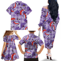 Lavender Palaka Hawaii Aloha Family Matching Off The Shoulder Long Sleeve Dress and Hawaiian Shirt Koi Pond Mix Orchids LT7 - Polynesian Pride