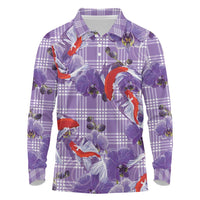 Lavender Palaka Hawaii Aloha Long Sleeve Polo Shirt Koi Pond Mix Orchids LT7 Purple - Polynesian Pride