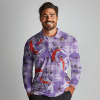 Lavender Palaka Hawaii Aloha Long Sleeve Polo Shirt Koi Pond Mix Orchids LT7 - Polynesian Pride