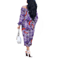 Lavender Palaka Hawaii Aloha Off The Shoulder Long Sleeve Dress Koi Pond Mix Orchids - Polynesian Pride