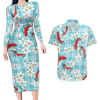 Turquoise Palaka Hawaii Aloha Couples Matching Long Sleeve Bodycon Dress and Hawaiian Shirt Koi Pond Mix Plumeria LT7 Turquoise - Polynesian Pride