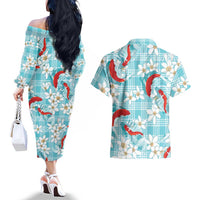 Turquoise Palaka Hawaii Aloha Couples Matching Off The Shoulder Long Sleeve Dress and Hawaiian Shirt Koi Pond Mix Plumeria LT7 - Polynesian Pride