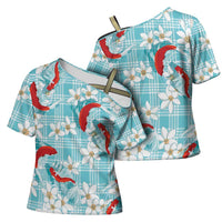 Turquoise Palaka Hawaii Aloha Cross Shoulder Shirt Koi Pond Mix Plumeria LT7 - Polynesian Pride