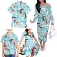 Turquoise Palaka Hawaii Aloha Family Matching Off The Shoulder Long Sleeve Dress and Hawaiian Shirt Koi Pond Mix Plumeria LT7 - Polynesian Pride