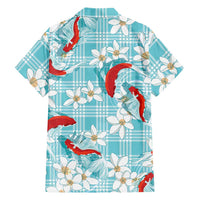 Turquoise Palaka Hawaii Aloha Family Matching Off The Shoulder Long Sleeve Dress and Hawaiian Shirt Koi Pond Mix Plumeria LT7 - Polynesian Pride