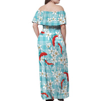 Turquoise Palaka Hawaii Aloha Family Matching Off Shoulder Maxi Dress and Hawaiian Shirt Koi Pond Mix Plumeria LT7 - Polynesian Pride