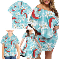 Turquoise Palaka Hawaii Aloha Family Matching Off Shoulder Short Dress and Hawaiian Shirt Koi Pond Mix Plumeria LT7 - Polynesian Pride