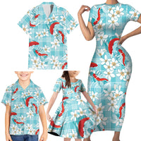 Turquoise Palaka Hawaii Aloha Family Matching Short Sleeve Bodycon Dress and Hawaiian Shirt Koi Pond Mix Plumeria LT7 - Polynesian Pride