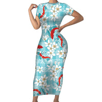 Turquoise Palaka Hawaii Aloha Family Matching Short Sleeve Bodycon Dress and Hawaiian Shirt Koi Pond Mix Plumeria LT7 Turquoise - Polynesian Pride