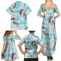 Turquoise Palaka Hawaii Aloha Family Matching Summer Maxi Dress and Hawaiian Shirt Koi Pond Mix Plumeria LT7 - Polynesian Pride
