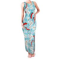 Turquoise Palaka Hawaii Aloha Family Matching Tank Maxi Dress and Hawaiian Shirt Koi Pond Mix Plumeria LT7 Turquoise - Polynesian Pride