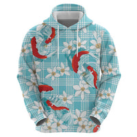 Turquoise Palaka Hawaii Aloha Hoodie Koi Pond Mix Plumeria - Polynesian Pride