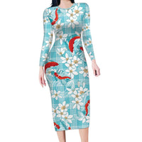Turquoise Palaka Hawaii Aloha Long Sleeve Bodycon Dress Koi Pond Mix Plumeria - Polynesian Pride
