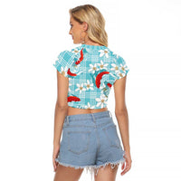 Turquoise Palaka Hawaii Aloha Raglan Cropped T Shirt Koi Pond Mix Plumeria - Polynesian Pride