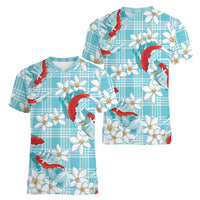 Turquoise Palaka Hawaii Aloha Women V-Neck T-Shirt Koi Pond Mix Plumeria - Polynesian Pride